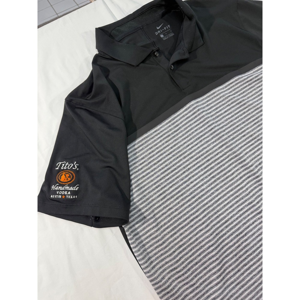Nike Dri-FIT Polo Shirt Mens Large Black Grey Striped Titos Vodka Embroidered